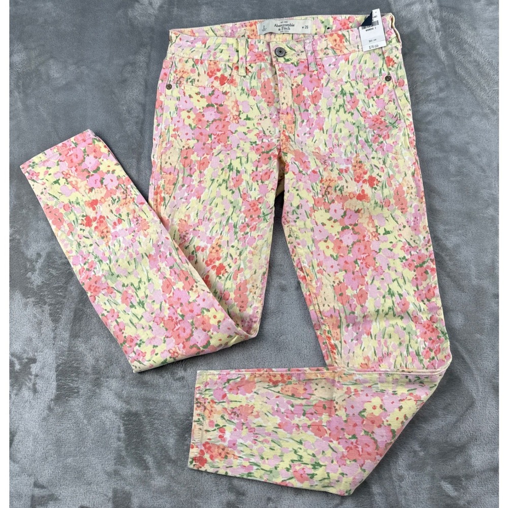 Abercrombie & Fitch Floral Skinny Jeans Pink Yellow Green Womens 2 W26